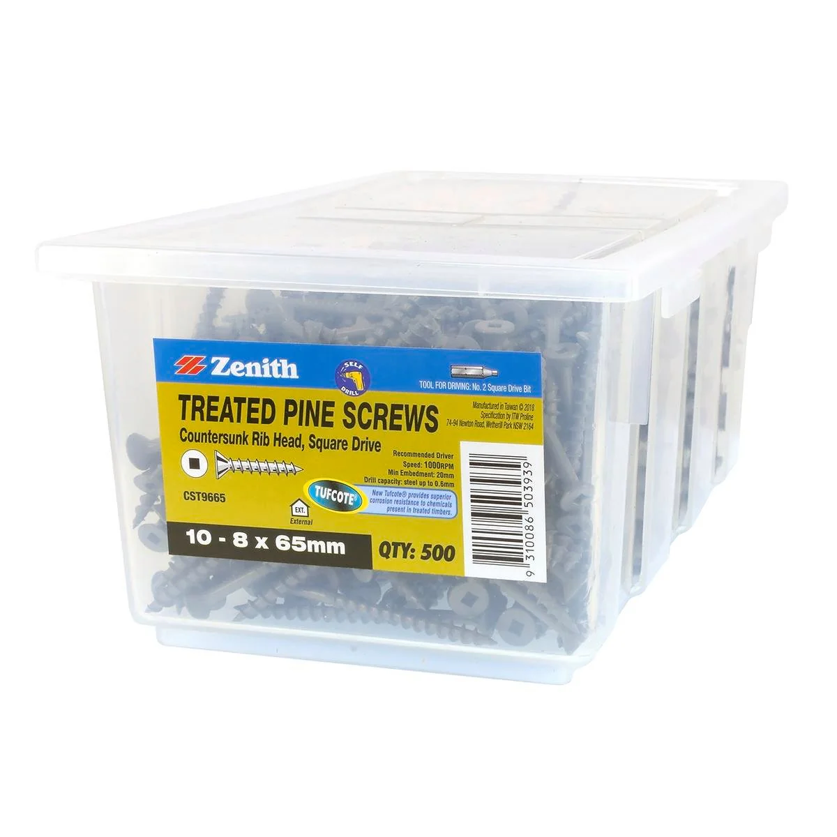 Zenith Treated Pine Screws - 8g x 65mm - Carbon Steel - Tufcote - 500 Pack
