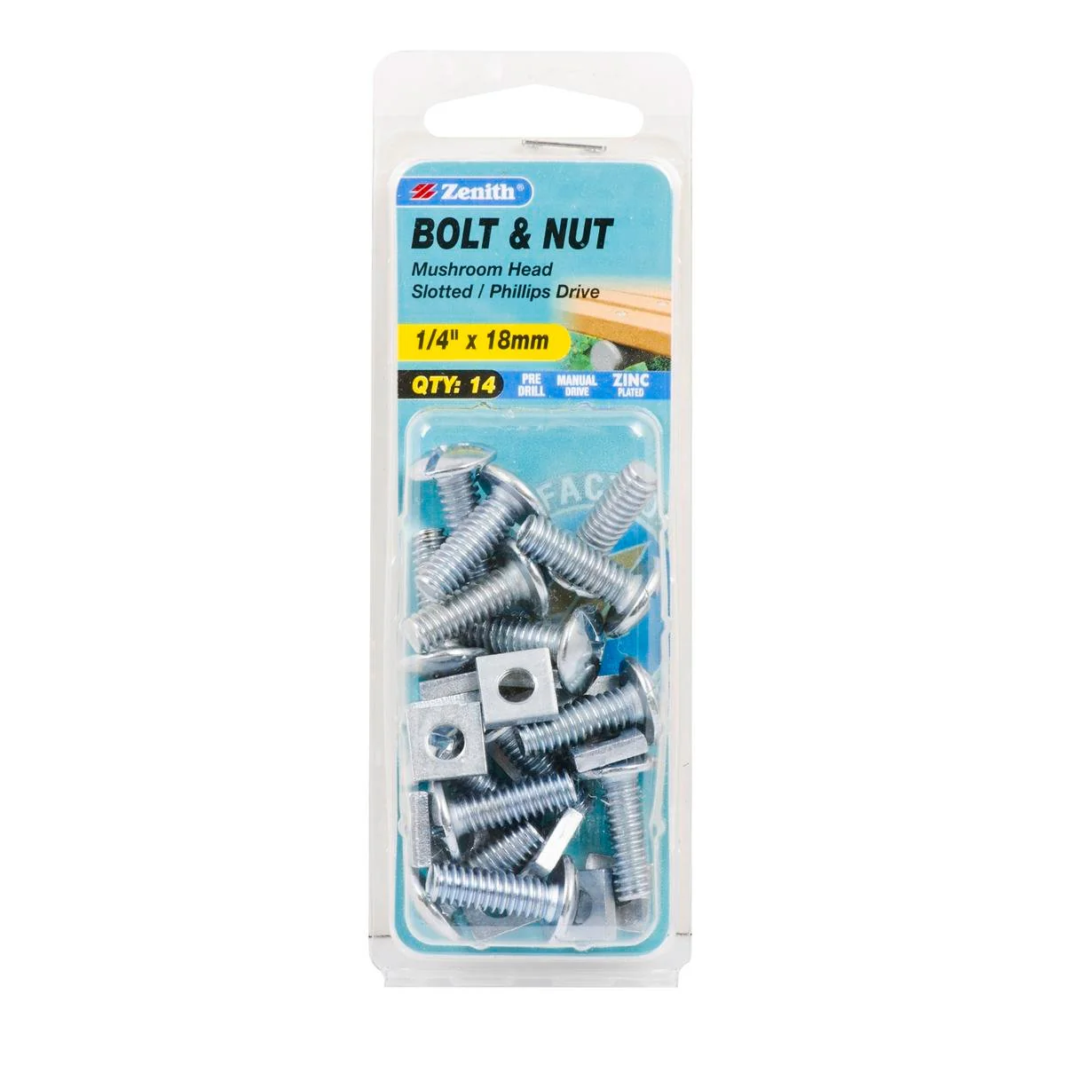 Zenith Zinc Plated Mushroom Head Bolt and Nut 14 Pack - 1/4 x 18mm - Silver